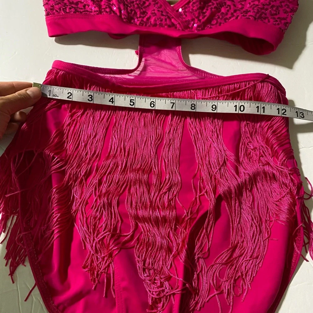 WEISSMAN elite Dance hot pink Costume SEQUIN AND FRINGE LEOTARD D10201 MA adult